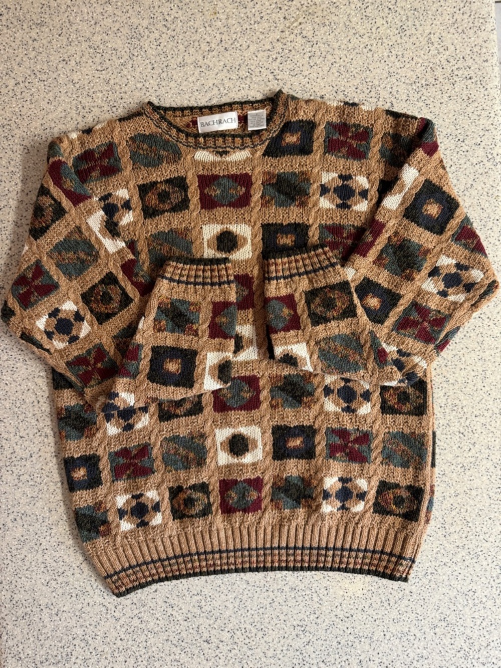 Vintage 90s Bachrach Tan Geometric Knit Pullover with Multicolor Blocks.S